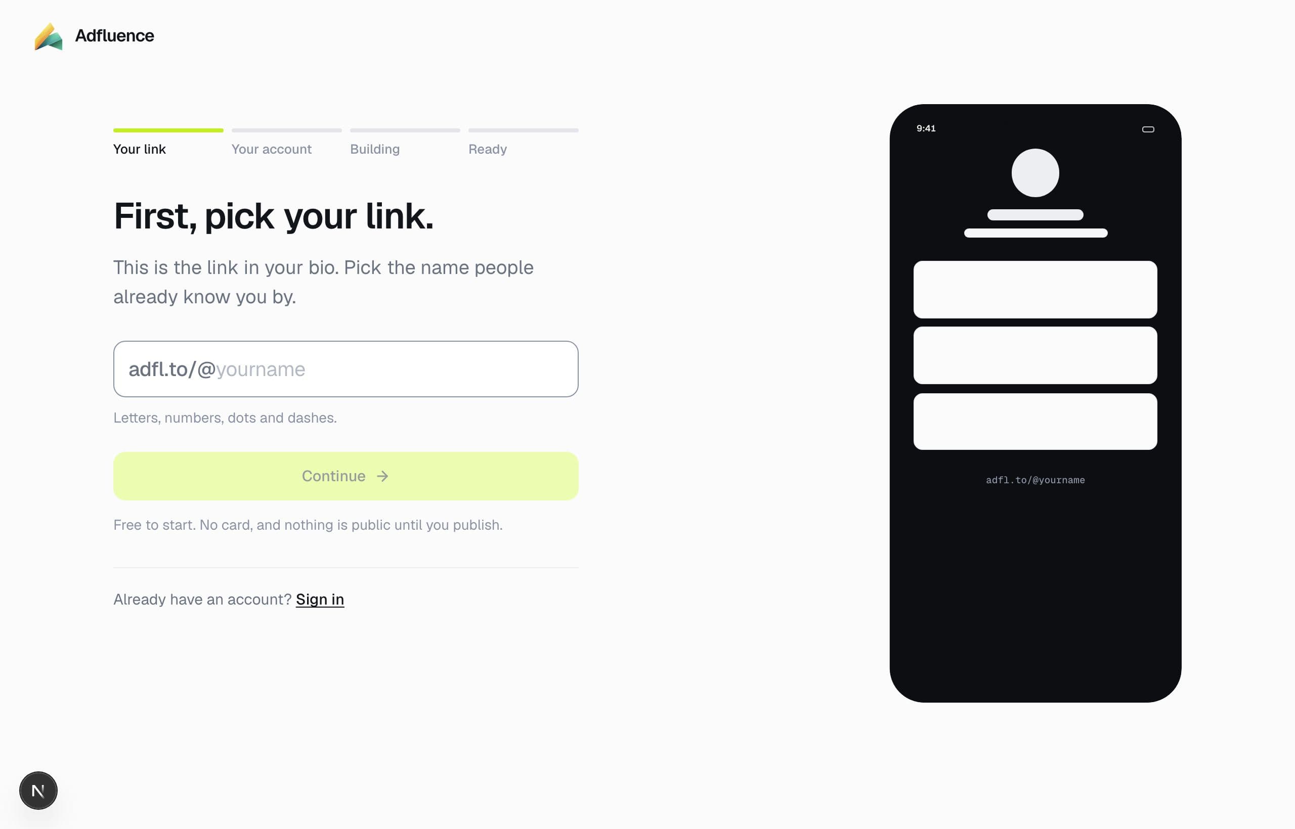 Claim your Adfluence handle on the start page