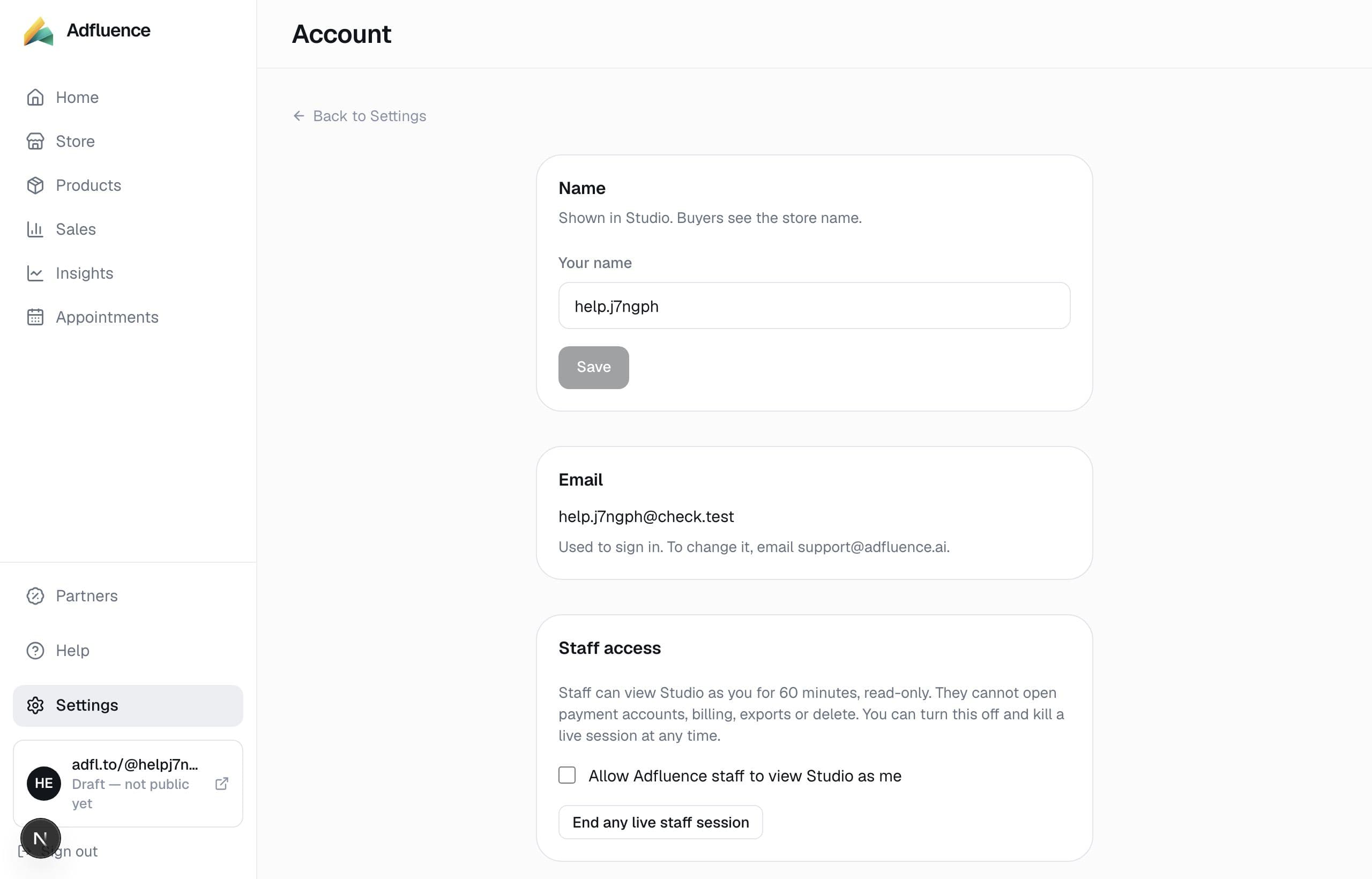 Account — handle, close, personal data