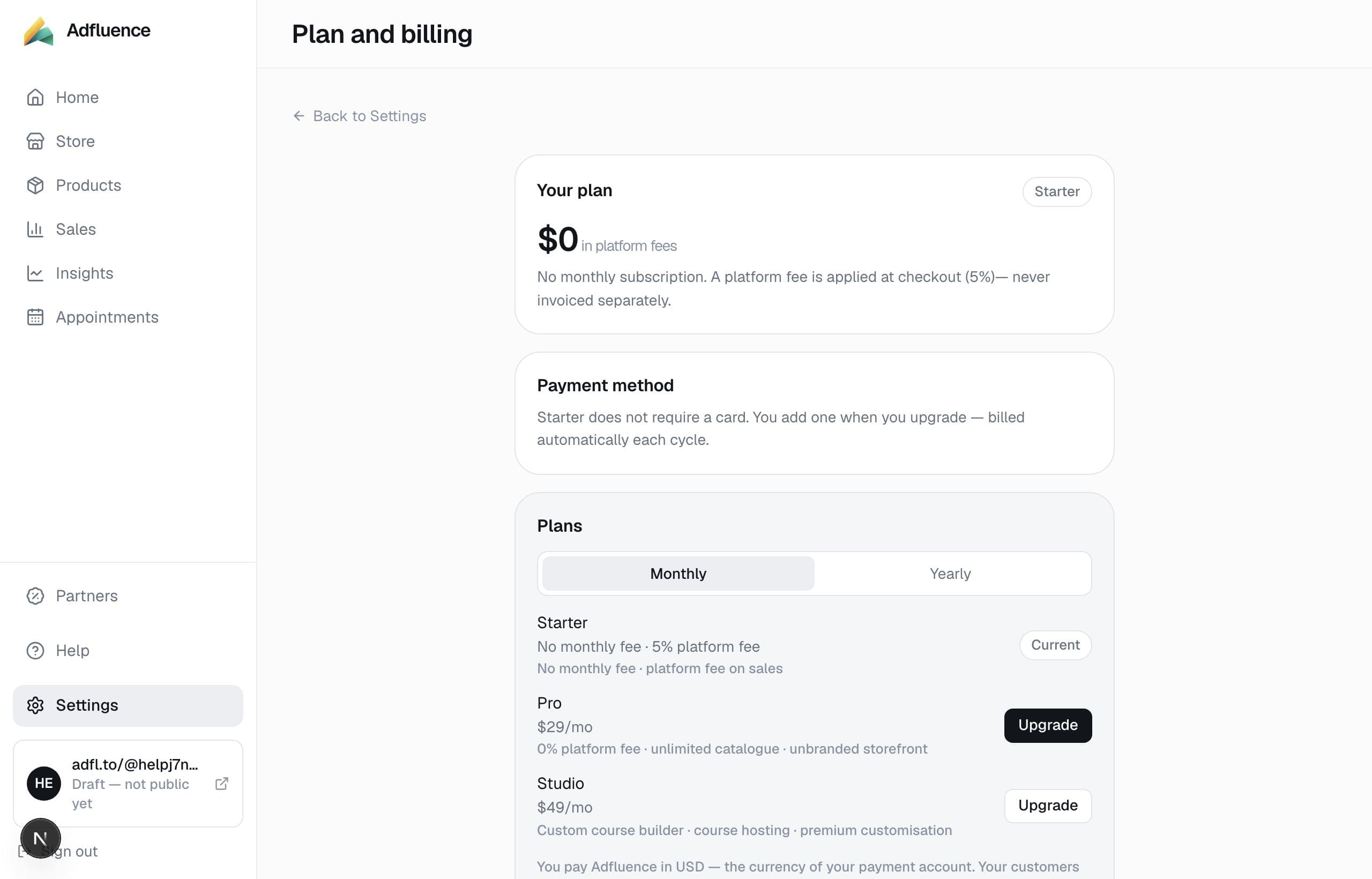 Billing — Starter, Pro, or Studio