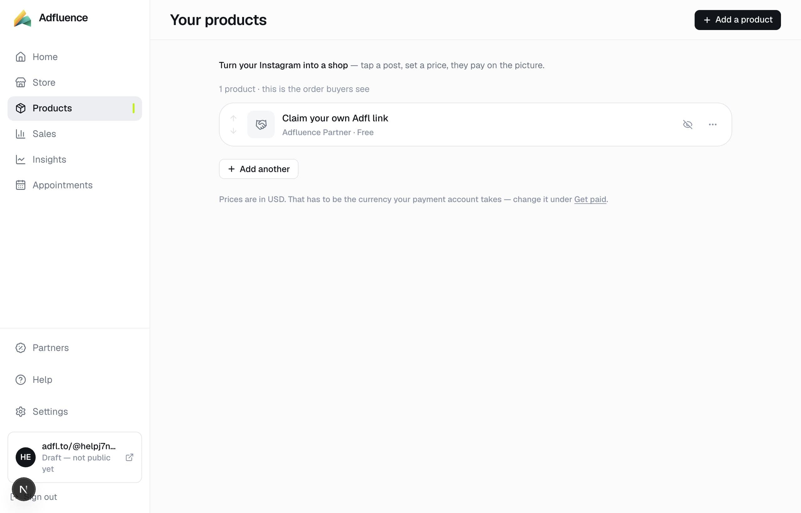 Your products list in Studio