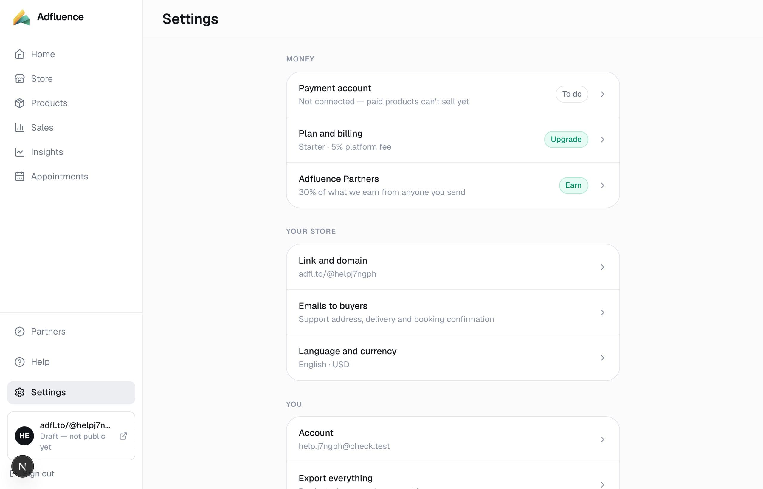 Settings — money, your store, you