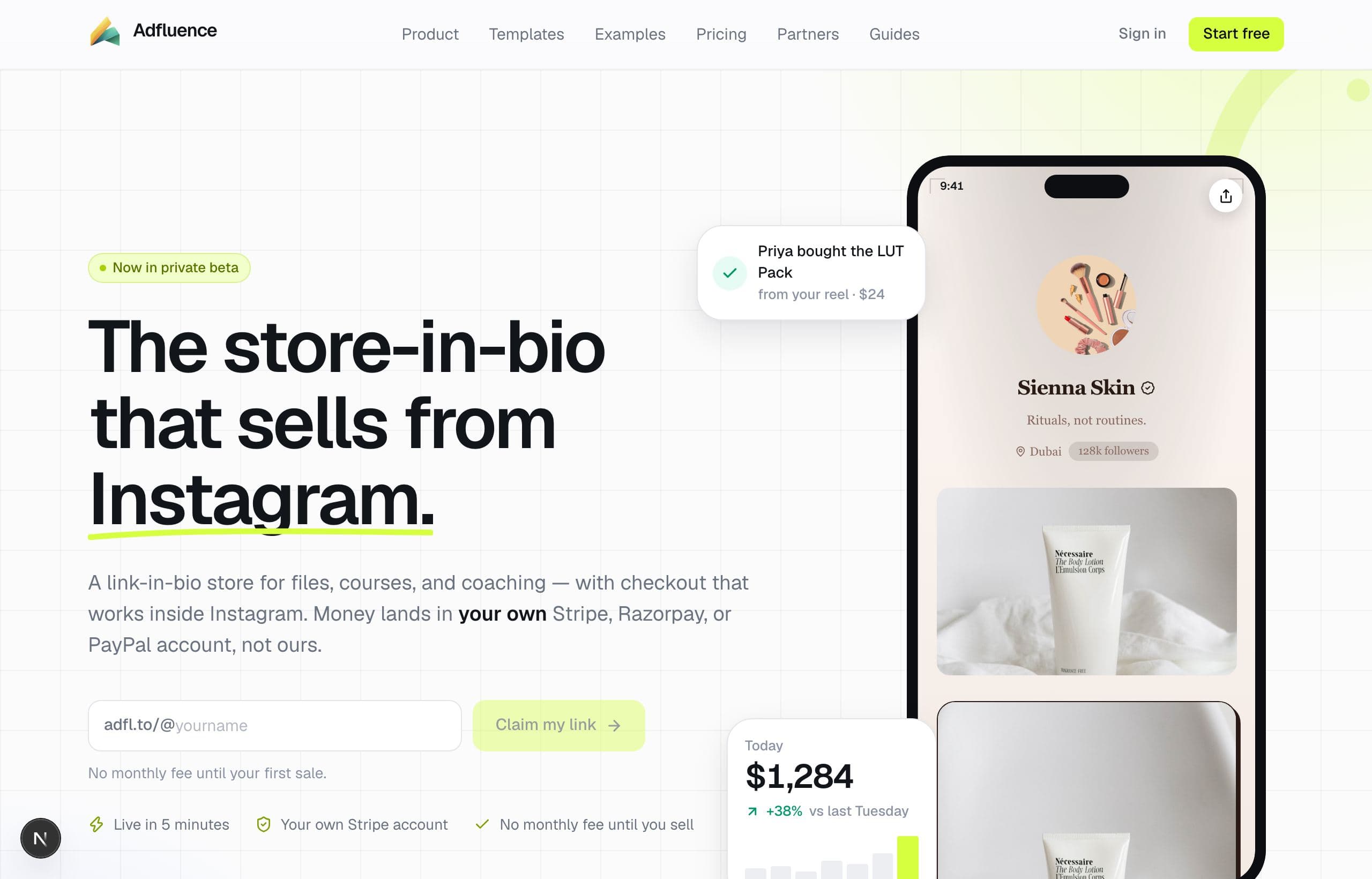 Adfluence homepage — store-in-bio for Instagram