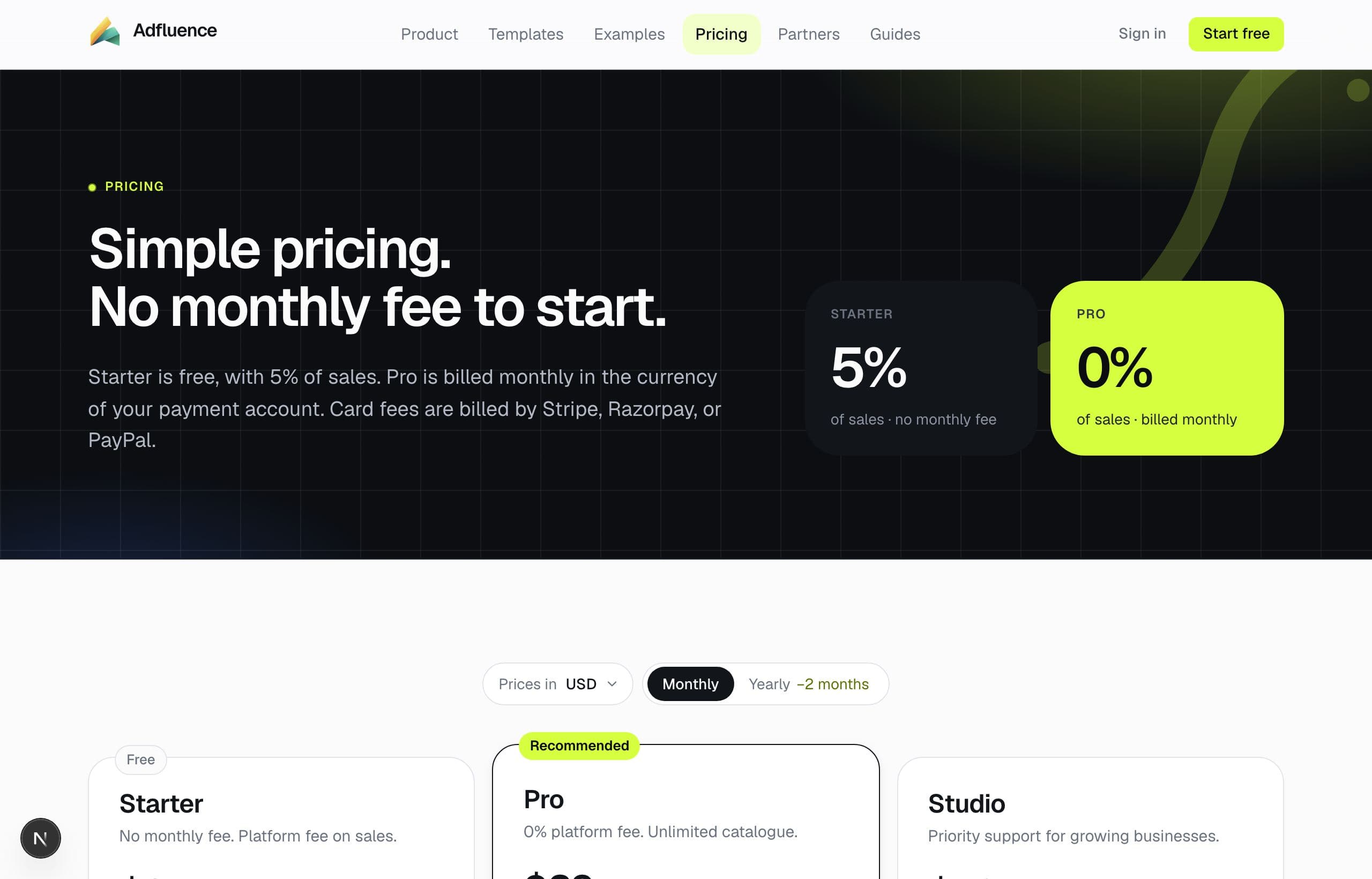 Adfluence pricing — Starter, Pro, and Studio
