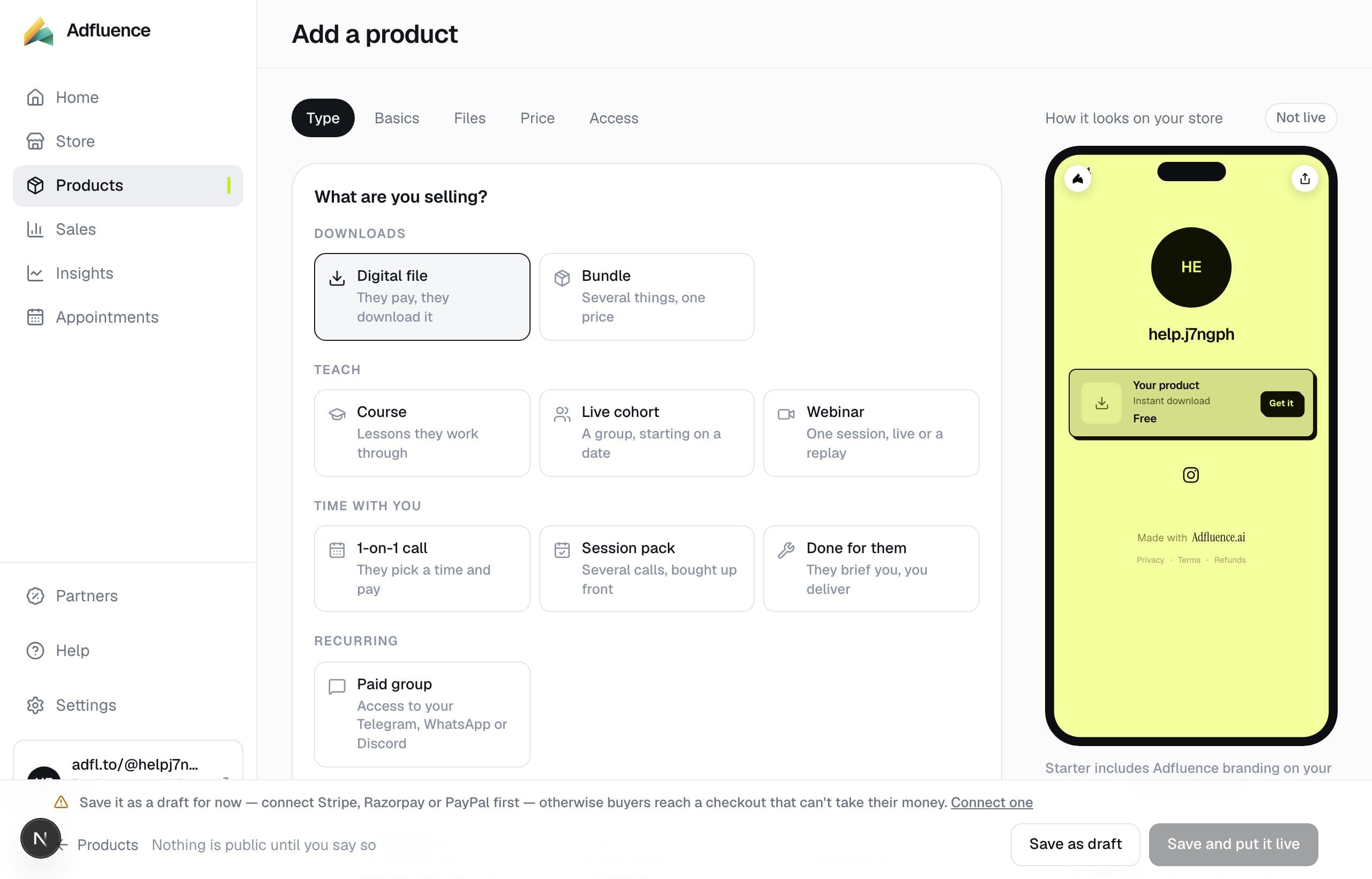 Add a product — pick a type